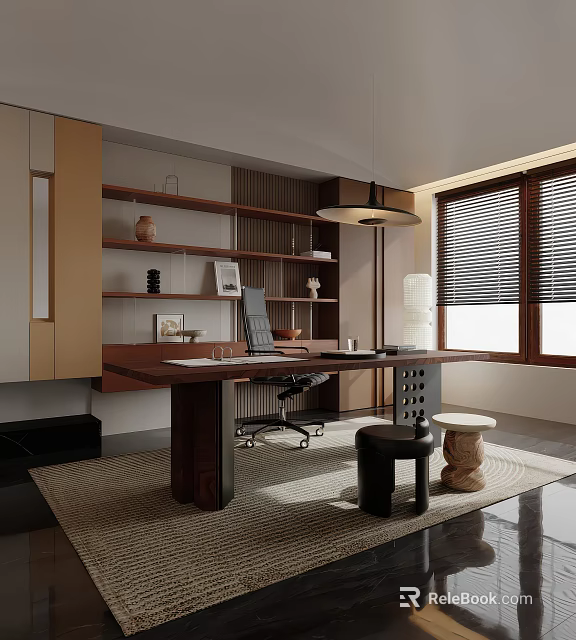 Modern Home Office Interior Design With Wooden Desk Shelves Pendant Lamp And Window Blinds 3d model 