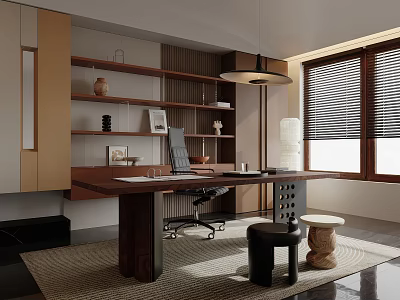 Modern Home Office Interior Design With Wooden Desk Shelves Pendant Lamp And Window Blinds 3d model