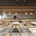 Natural Style Restaurant Interior With Wooden Ceiling Wicker Chairs Pendant Lights And Long Tables