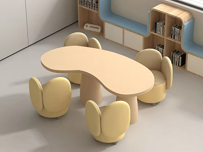 Round Yellow Table And Chair Set For Kids Room With Bookshelves 3d model