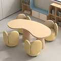 Round Yellow Table And Chair Set For Kids Room With Bookshelves