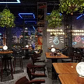 Modern Bar Interior Design With Green Plants Hanging Lights Neon Accents And Wine Racks