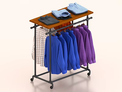 Colorful Clothes on Mobile Clothing Rack With Blue Purple Checkered Pieces Folded on Wooden Top 3d model