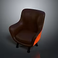Modern Brown Leather Chair With Curved Backrest Armrest And Black Metal Legs