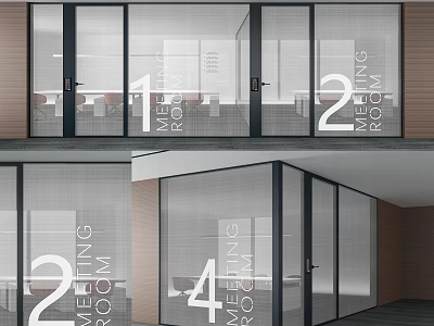 Modern Office Meeting Rooms Featuring Glass Partitions And Numbered Signs 3d model