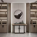 Entryway Hallway With Wooden Storage Cabinets Wine Bottles Central Console Table And Circular Decorative Art