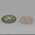 Round Rugs With Green Rabbit Basket Yellow Flowers And White Colorful Dots Design