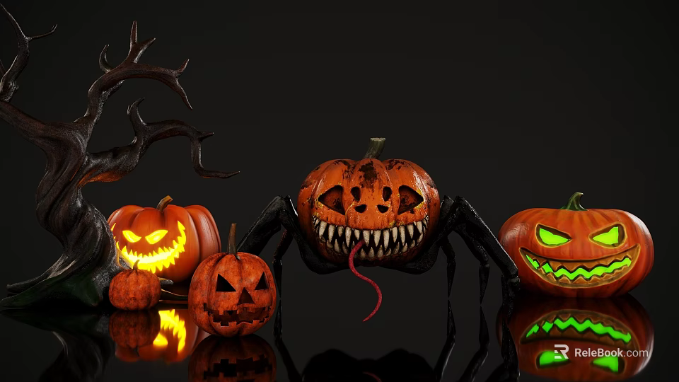 Halloween Decorations Featuring Glowing Jack O Lanterns With Scary Faces And Spider Ornament 3d model 