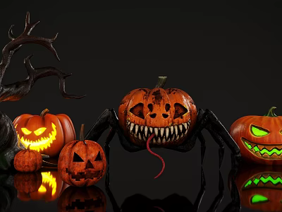Halloween Decorations Featuring Glowing Jack O Lanterns With Scary Faces And Spider Ornament 3d model
