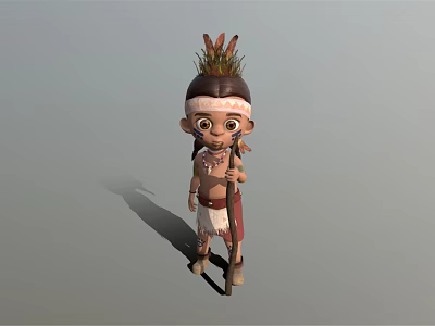 Young Tribal Boy Character Wearing Feathered Headdress Holding Spear And Red White Outfit 3d model
