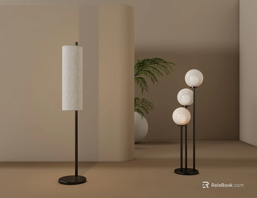 Modern Minimalist Floor Lamps with Cylindrical and Spherical Shades and Potted Plant 3d model 