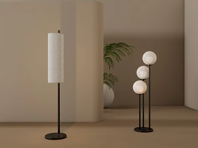 Modern Minimalist Floor Lamps with Cylindrical and Spherical Shades and Potted Plant 3d model