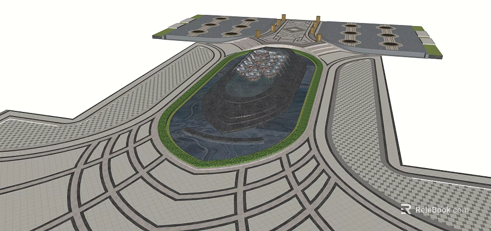 Garden Landscape Design with Central Water Feature Surrounding Green Vegetation and Geometric Paving 3d model 