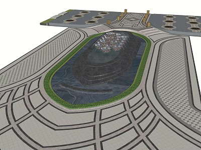 Garden Landscape Design with Central Water Feature Surrounding Green Vegetation and Geometric Paving 3d model