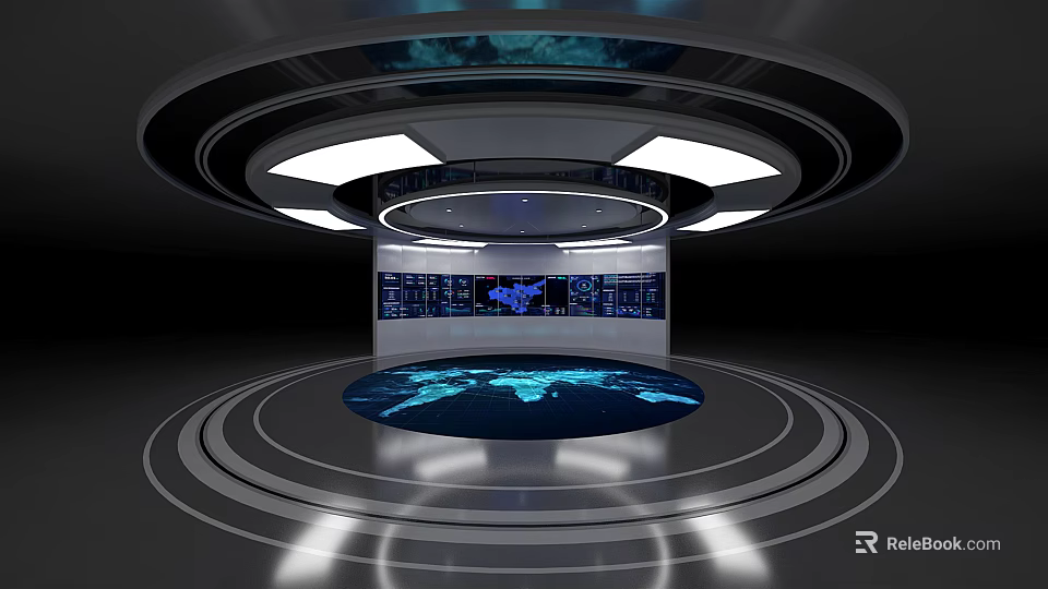 Hi Tech Control Room With Global Projection Circular Data Screens And Illuminated Ceiling Design 3d model