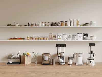 Minimalist Modern Kitchen With White Shelves Jars Bowls Coffee Machine And Wooden Countertop 3d model