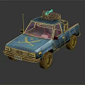 Blue Pickup Truck With Yellow Graphic And Roof Mounted Storage Equipment