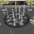 Modern Urban Square With Colorful Fountain Trees Pedestrians And Glass Buildings