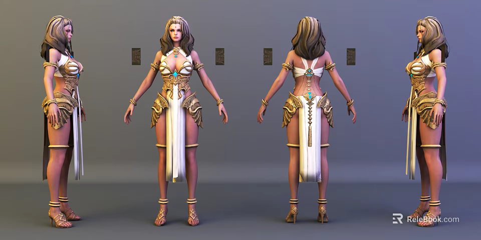 Game Movie Character Egyptian Inspired Costume Design With Golden Ornaments And White Skirt 3d model 