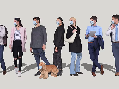 Diverse Group of People Wearing Masks Walking with Dog in Casual Outfits 3d model