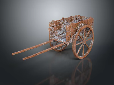 Vintage Wooden Cart With Weathered Texture Large Wooden Wheels And Long Shafts 3d model