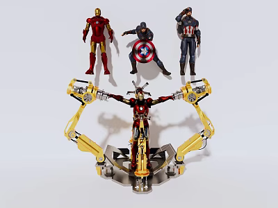 Superhero Action Figures Featuring Iron Man and Captain America with Mechanical Display Stand 3d model