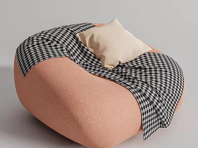 Peach Colored Bean Bag Chair With Black White Checkered Blanket And Beige Pillow 3d model