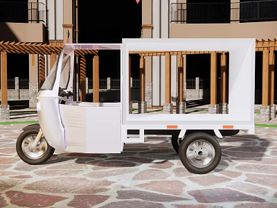 Garden Flower Pots Transported By White Cargo Tricycle On Stone Path 3d model