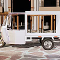 Garden Flower Pots Transported By White Cargo Tricycle On Stone Path