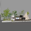 Outdoor Tent Setup On Wooden Deck With Green Plants Table Chairs And Grill