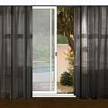 Dark Sheer Curtains For Glass Door With Outdoor Pool And Green Plants View