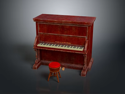 Vintage Red Upright Piano With Ornate Carvings And Matching Stool 3d model