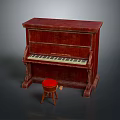 Vintage Red Upright Piano With Ornate Carvings And Matching Stool