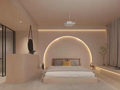 Minimalist Modern Bedroom Interior Featuring Arched Accent Wall LED Lighting Beige Tones And Plants 3d model