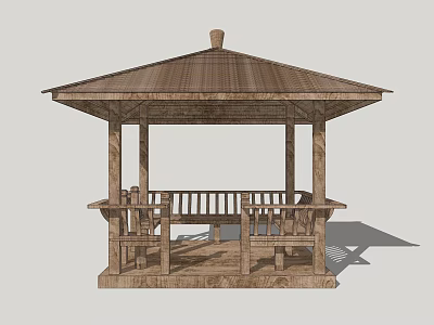 Wooden Gazebo Outdoor Structure With Sloped Roof Wooden Pillars And Bench Seats 3d model