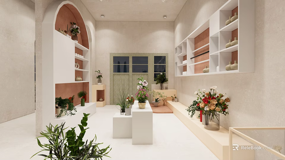 Floral Plant Store Interior With White Shelves And Various Greenery Displays 3d model 