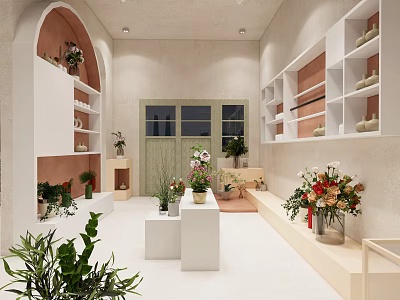 Floral Plant Store Interior With White Shelves And Various Greenery Displays 3d model