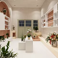 Floral Plant Store Interior With White Shelves And Various Greenery Displays