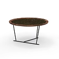 Round Dark Wooden Coffee Table With Black Metal Crossed Legs Design