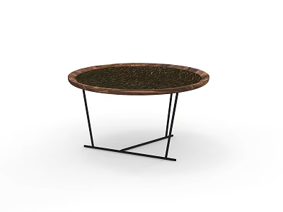 Round Dark Wooden Coffee Table With Black Metal Crossed Legs Design 3d model