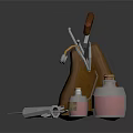 Brown Leather Bag With Wooden Handle Knife Red Bottles Syringe And Metal Tools
