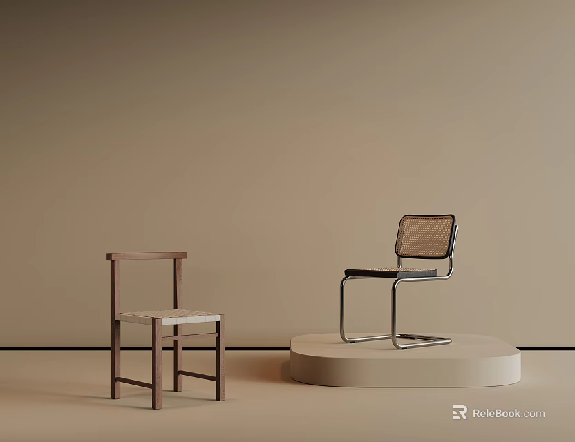 Modern Wooden And Metal Frame Dining Chairs With Woven Backrest On Beige Wall 3d model 