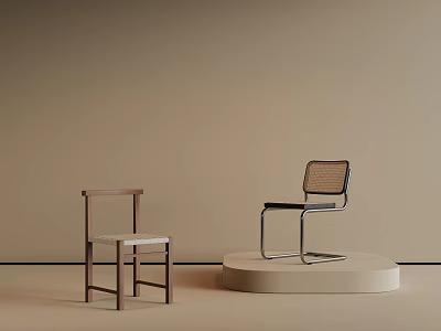Modern Wooden And Metal Frame Dining Chairs With Woven Backrest On Beige Wall 3d model