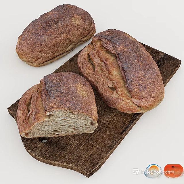 Three Freshly Baked Homemade Bread Loaves on Wooden Cutting Board One Sliced Showing Soft Interior 3d model 