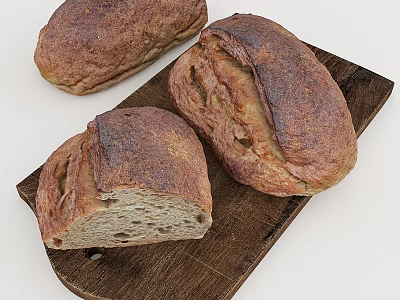 Three Freshly Baked Homemade Bread Loaves on Wooden Cutting Board One Sliced Showing Soft Interior 3d model