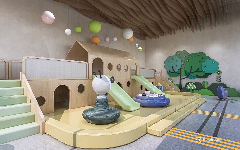 Indoor Children's Play Area With Colorful Balls Slides And Tree Murals 3d model 