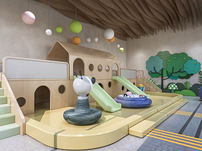 Indoor Children's Play Area With Colorful Balls Slides And Tree Murals 3d model