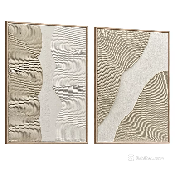 Abstract Painting Two Panel Artwork With Linear Texture And Beige Light Brown Tones Golden Frame 3d model 