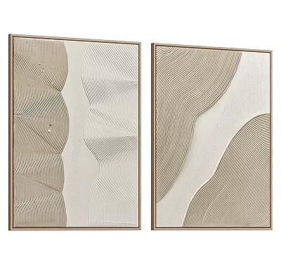 Abstract Painting Two Panel Artwork With Linear Texture And Beige Light Brown Tones Golden Frame 3d model
