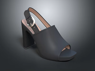 Stylish Black Leather High Heel Sandals With Block Heel And Buckle Strap 3d model
